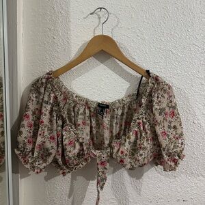 Forever 21 Floral Puff Sleeve Blouse - Cream and Pink
